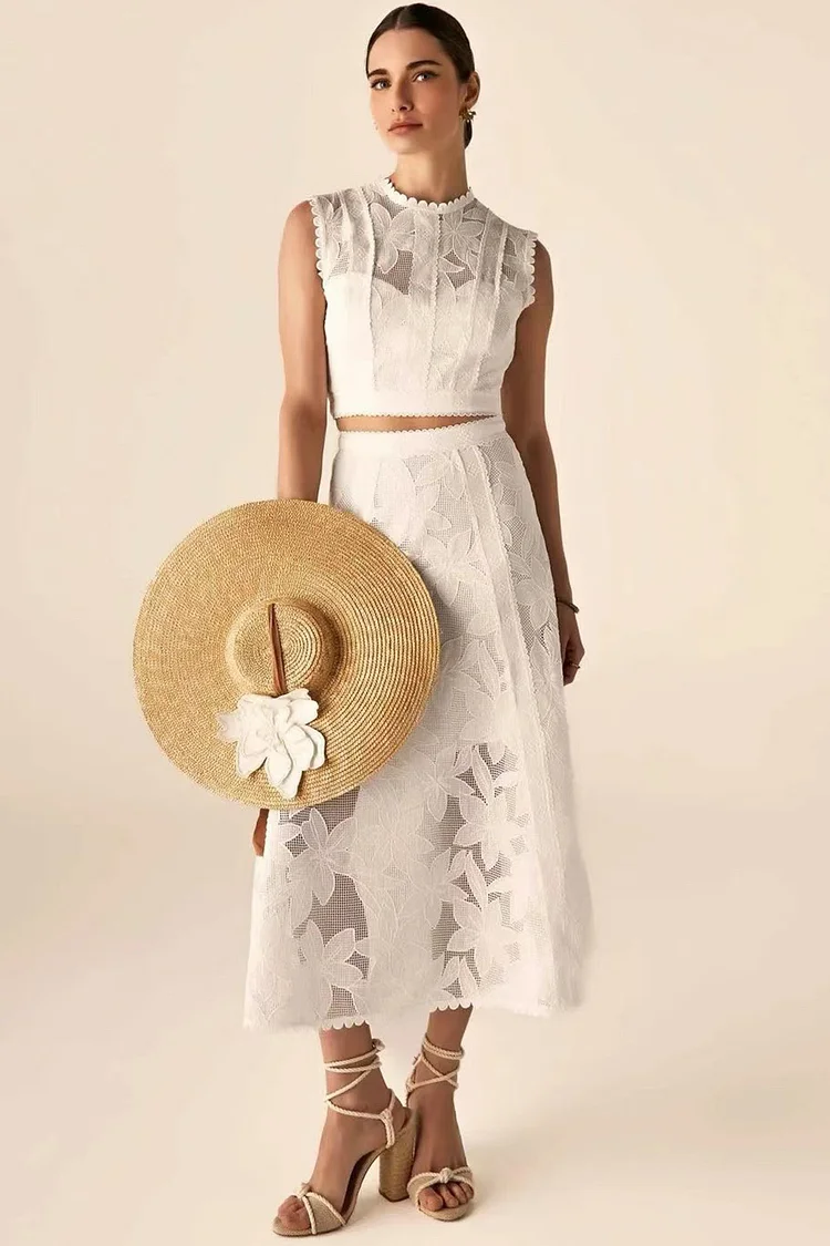 Semi Formal White Embroidery Hollow Out Two Piece Skirt Set