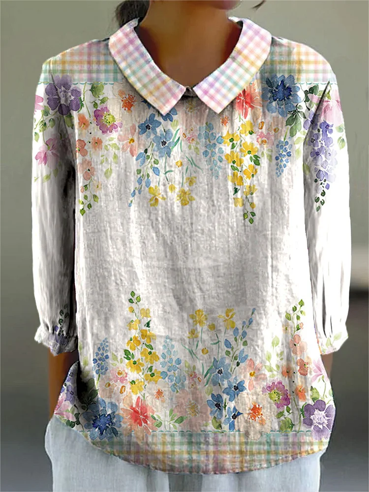 Women's Vintage Floral and Plaid Art Print Casual Cotton And Linen 3/4 Sleeve Shirt