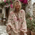 Women's Boho Floral Chunky Knit Crew Neck Sweater - Image 2