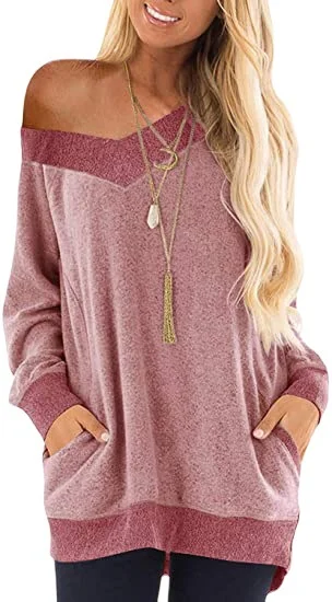 V-Neck Color Matching Pocket Sweatshirt Long Sleeve Loose Pullover Sweatshirt