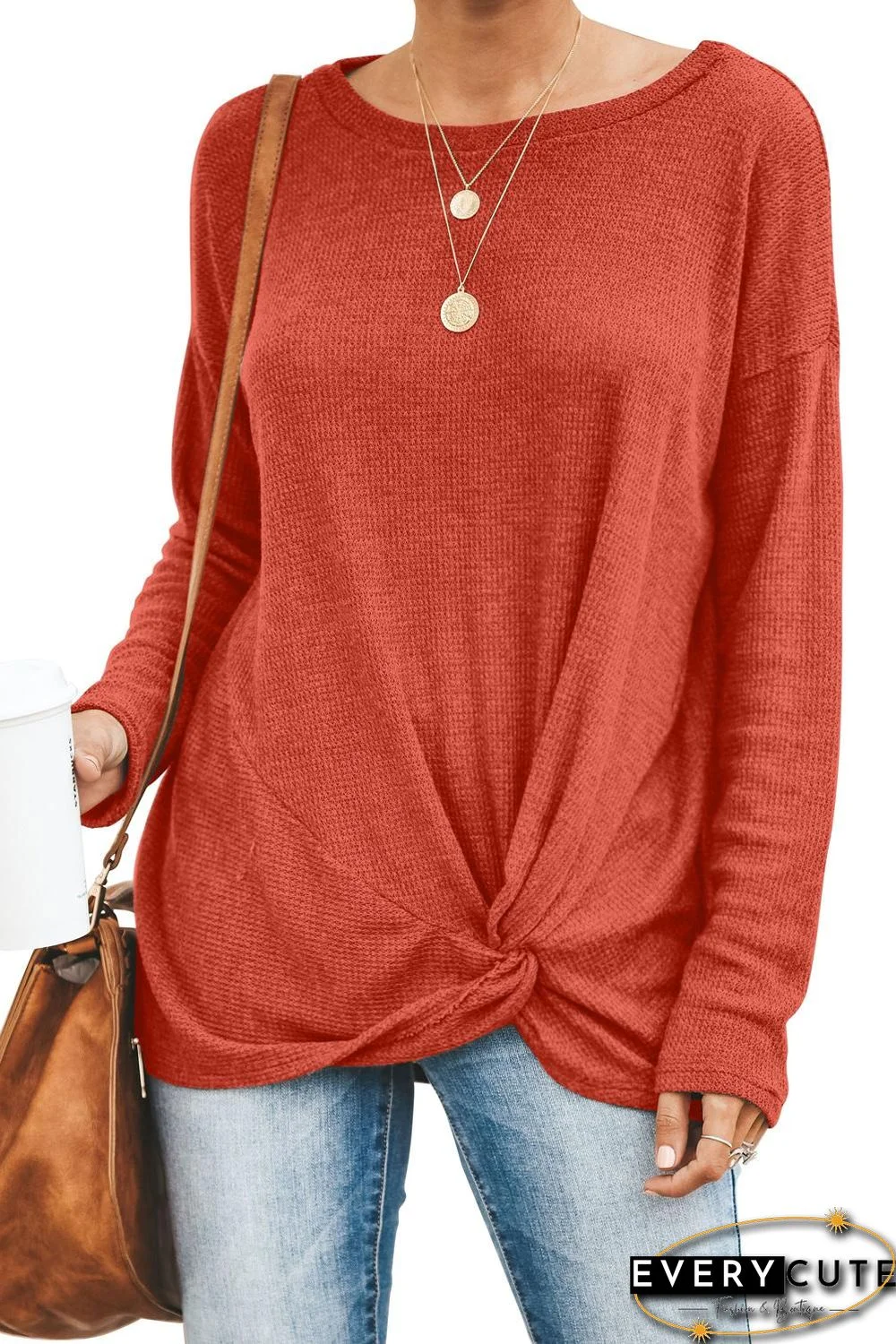 Red Solid Knotted Knitted Top