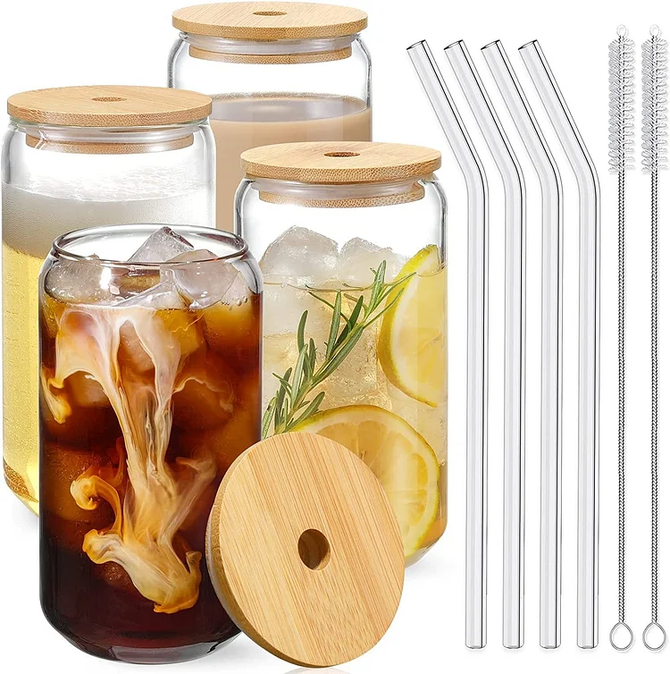 Drinking Glasses with Bamboo Lids and Glass Straw 4pcs Set 16oz Can Shaped Glass Cups Beer Glasses Iced Coffee Tumbler Cup