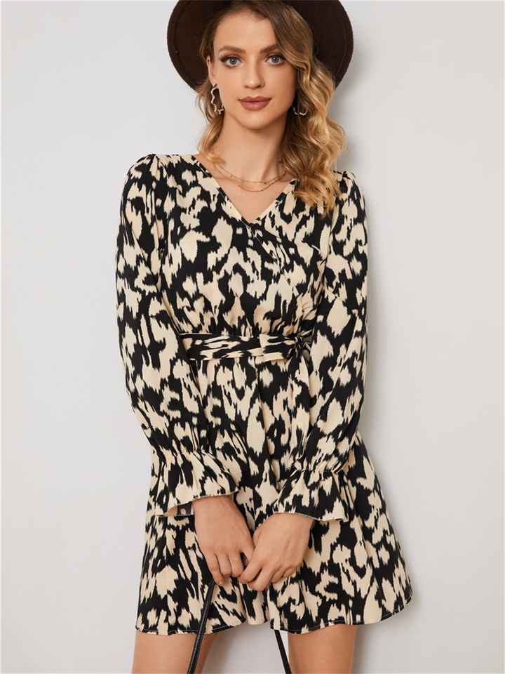 Europe and The United States Spring High-waisted V-neck Lace-up Leopard Print Floral Temperament Elegant Long-sleeved Waist A-line Dress Dress