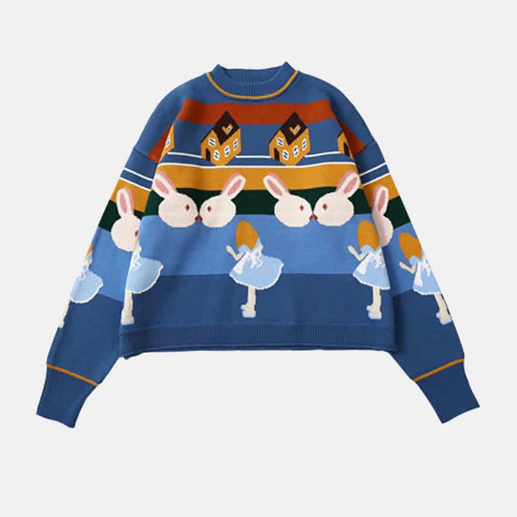 Cute Cartoon Bunny Print Stripe Colorblock Sweater - Modakawa Modakawa