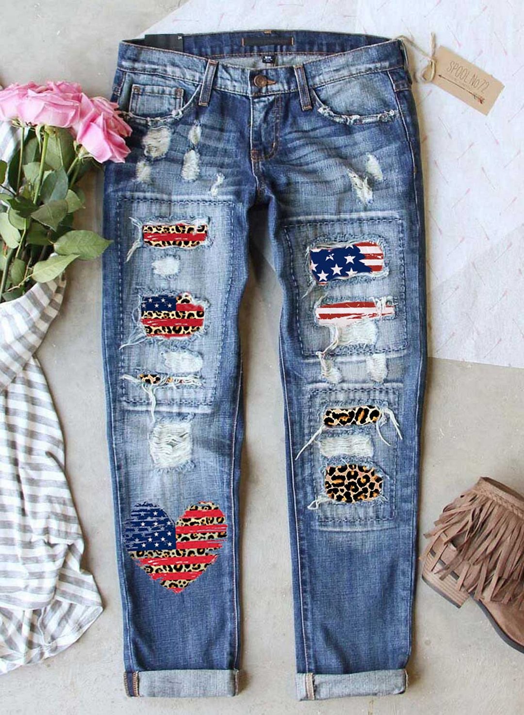 Women's Jeans Straight Low Waist Leopard Flag Patchwork Jeans