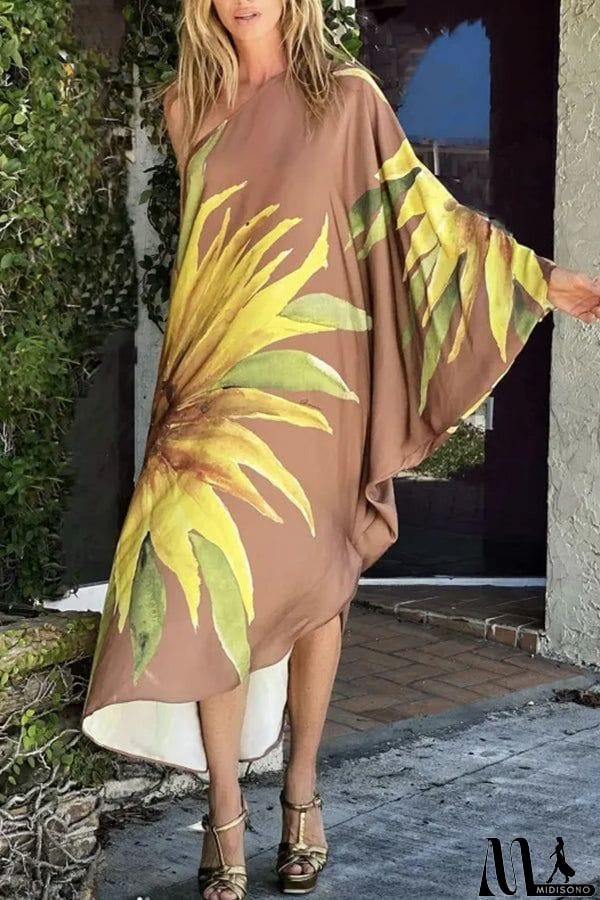 MidiSono - Floral Print One Shoulder Maxi Dress
