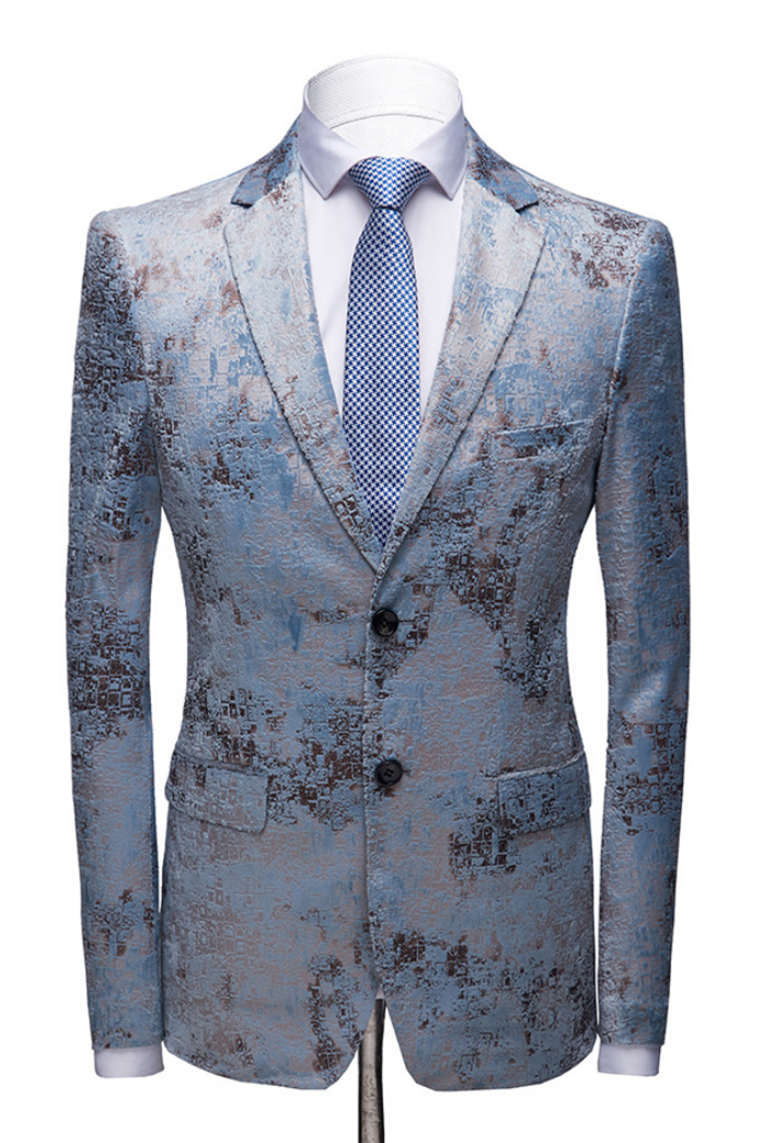 Popular Printing Blue Notched Lapel Wedding Suit For Men's Party With White Pants