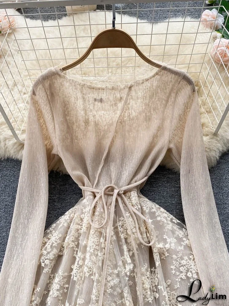 Women Party Warm-Season Waist Closing Up Autumn Temperament Lace Gown Tide New O-neck Elegant Vestidos Irregular 2024