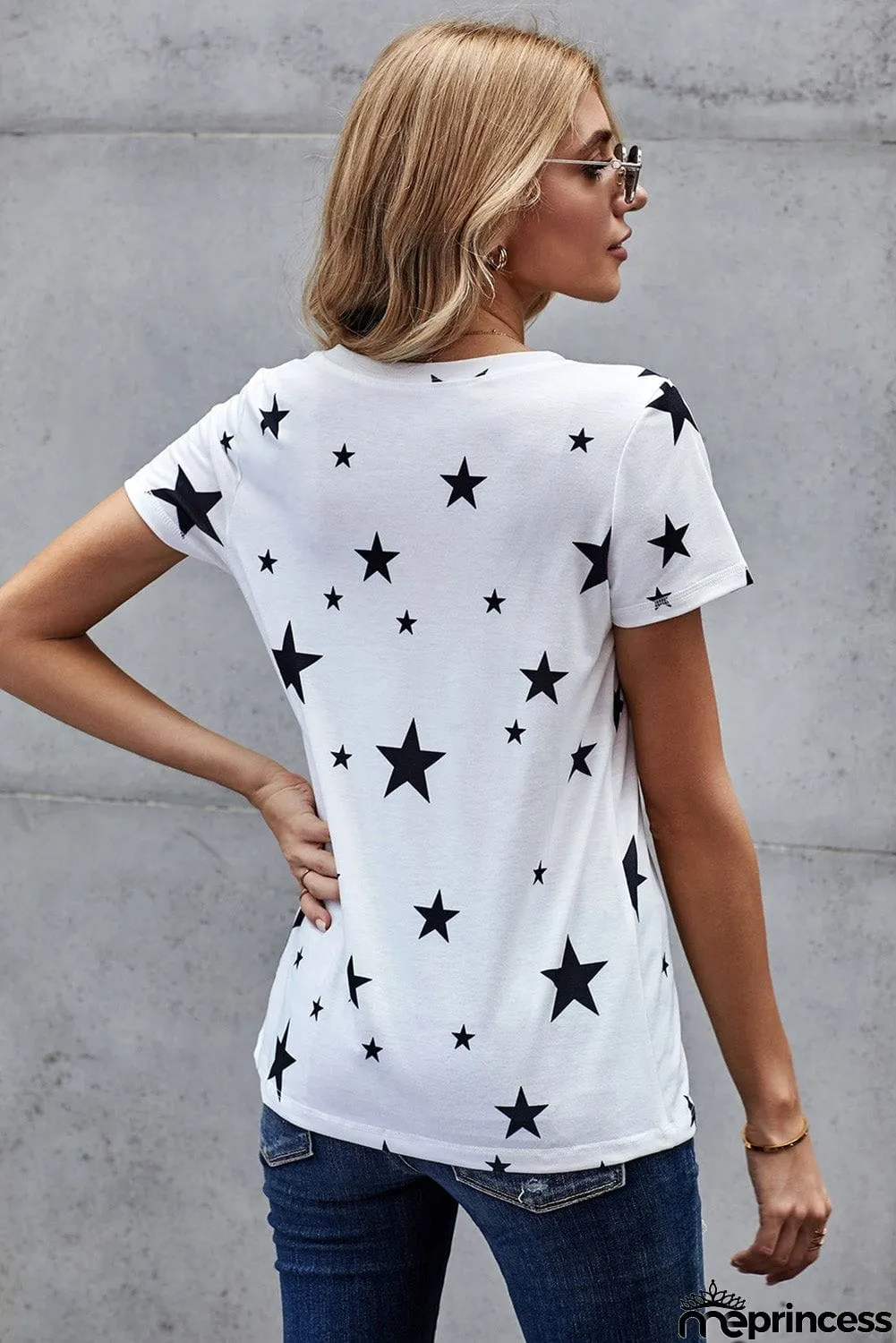 V Neck Stars Print Gray T-shirt