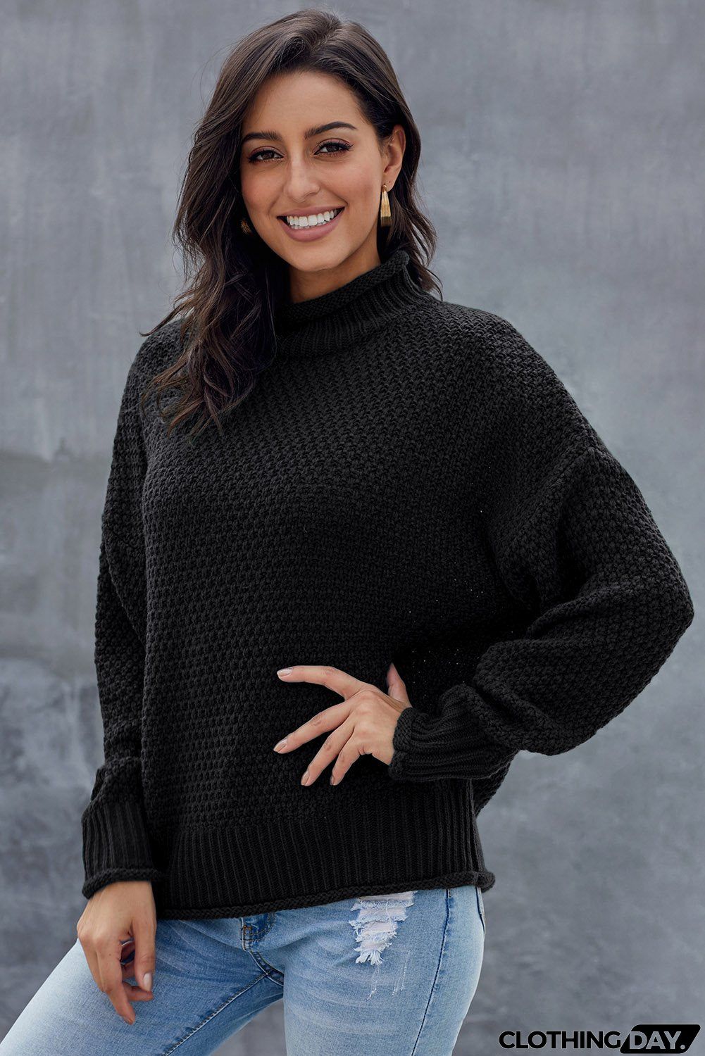 Black Chunky Batwing Long Sleeve Turtleneck Sweater