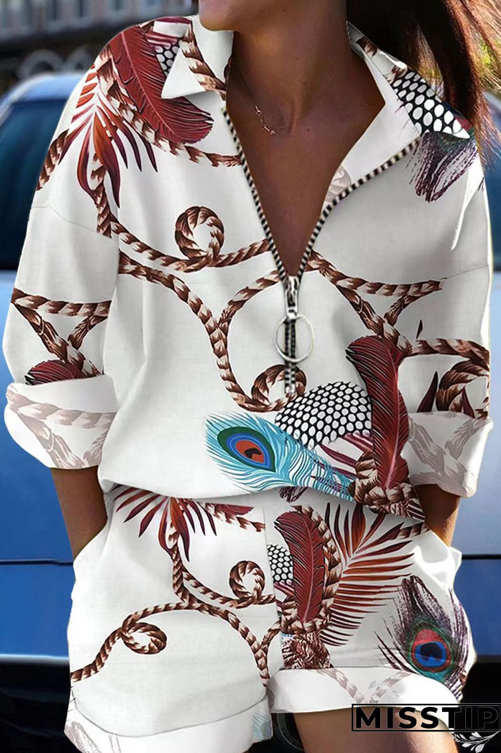 Black Casual Print Patchwork Zipper Turndown Collar Long Sleeve Two Pieces