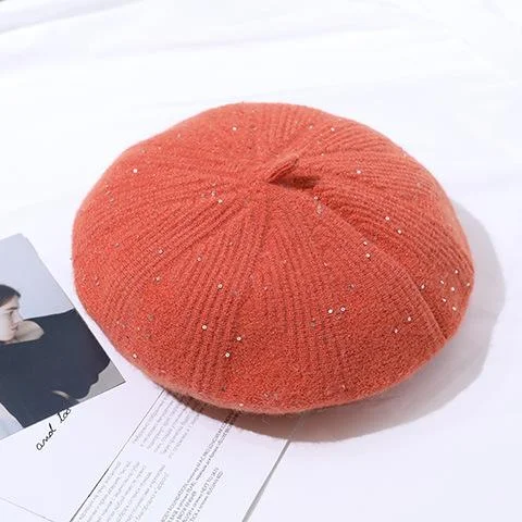 Vintage Beret Hat Sequins Glitter Solid Color Wool Knitted Hat