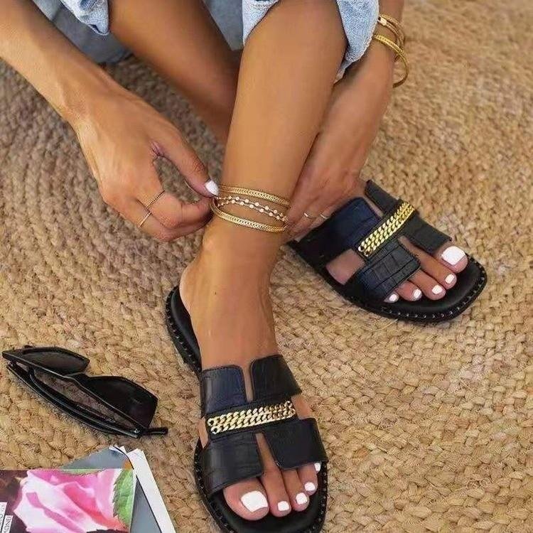 Women's peep toe metal chain arch support flat slide sandals