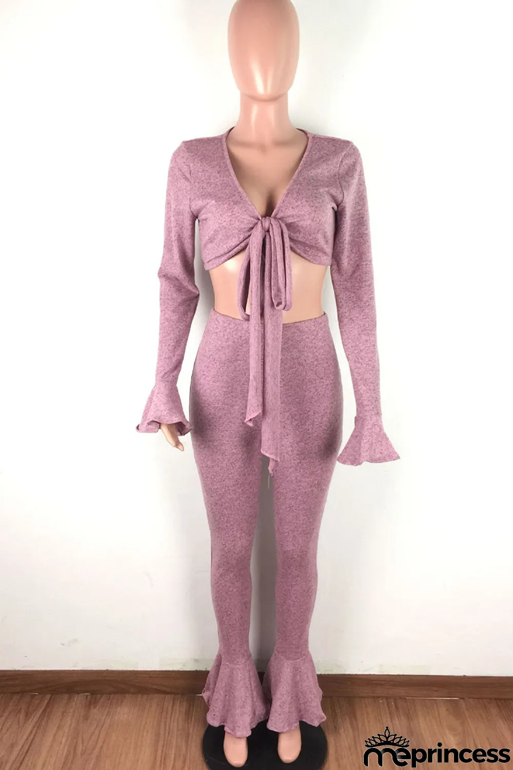 Red Casual Solid V Neck Long Sleeve Flare Sleeve Short Two Pieces