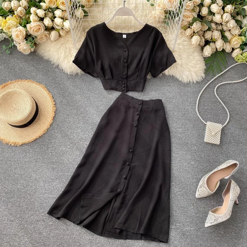 FTLZZ New Summer Women Casual V Neck Single Breasted Crop Tops High Waist A-line Solid Color Skirt Two Piece Set