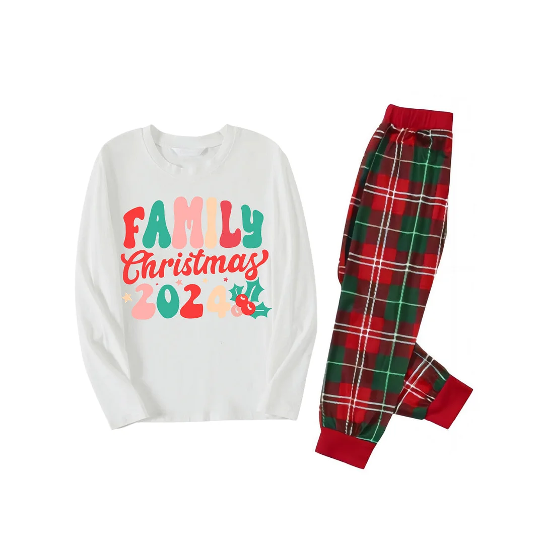 "Family Christmas 2024" Colorful Letter Pattern White Long Sleeve with White&Red&Green Plaid Pants Family Matching Pajamas
