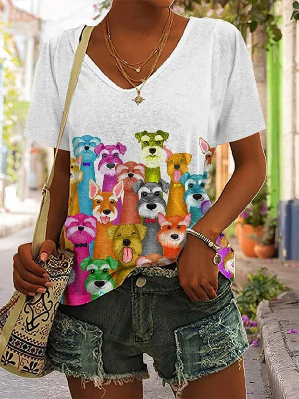 Women's Funny Puppys Print V-Neck T-Shirt