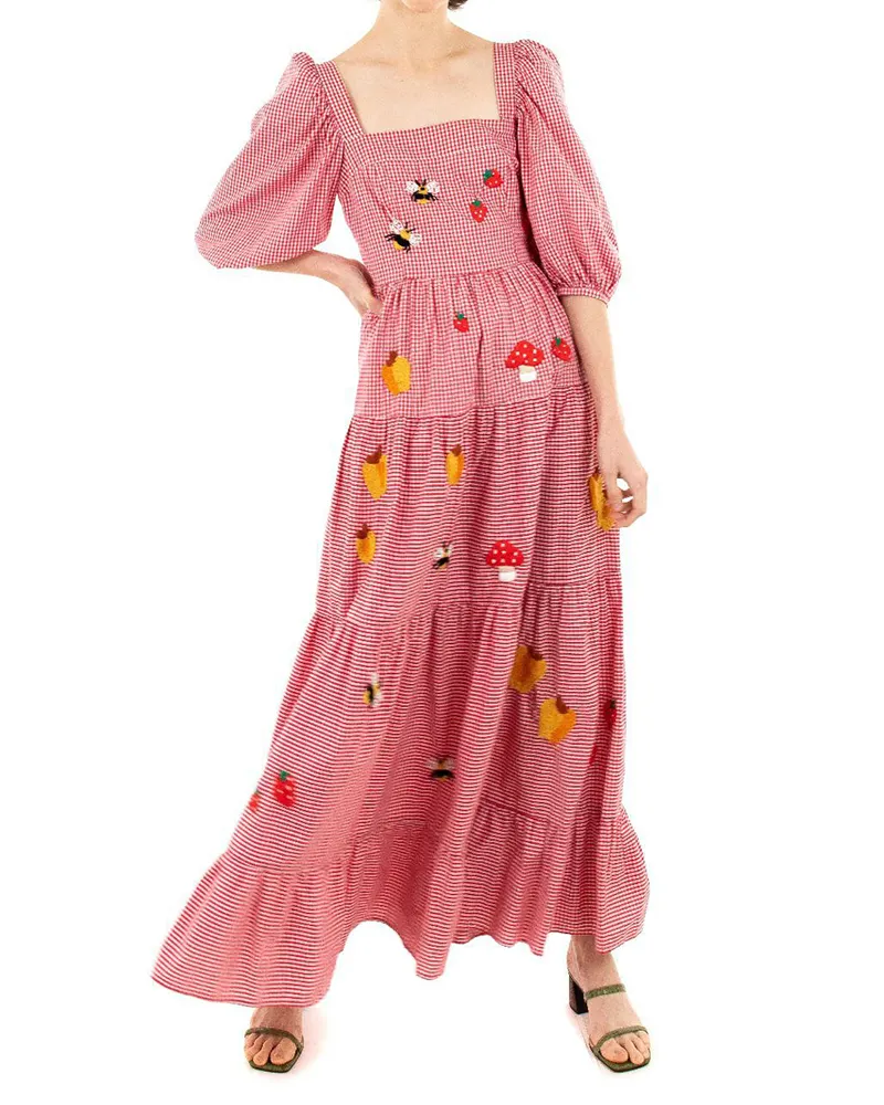 Floral Embroidery Puff Sleeve Square Neck Tiered Maxi Dress