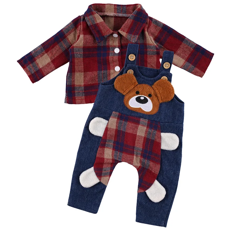 17"-22" Brown Puppy Plaid Overalls for Reborn Baby Accessories 2-Pieces Set
