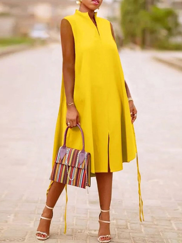A-Line Sleeveless Solid Color Split-Joint Split-Side Streamer V-Neck Midi Dresses YELLOW-M