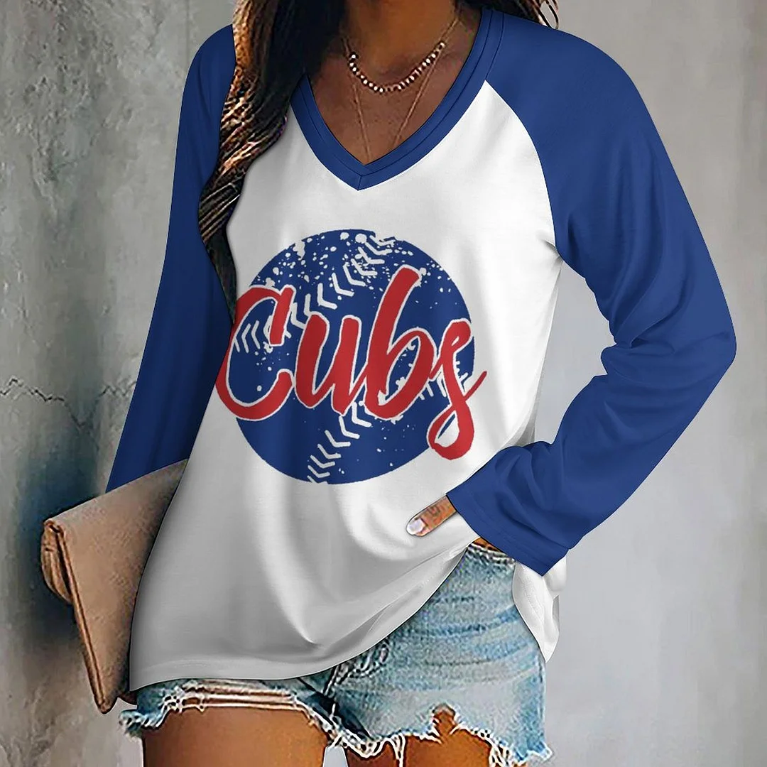 V-neck Long Sleeve Casual T-shirt for  Women and Men Printed with Pattern,Blue,Red
