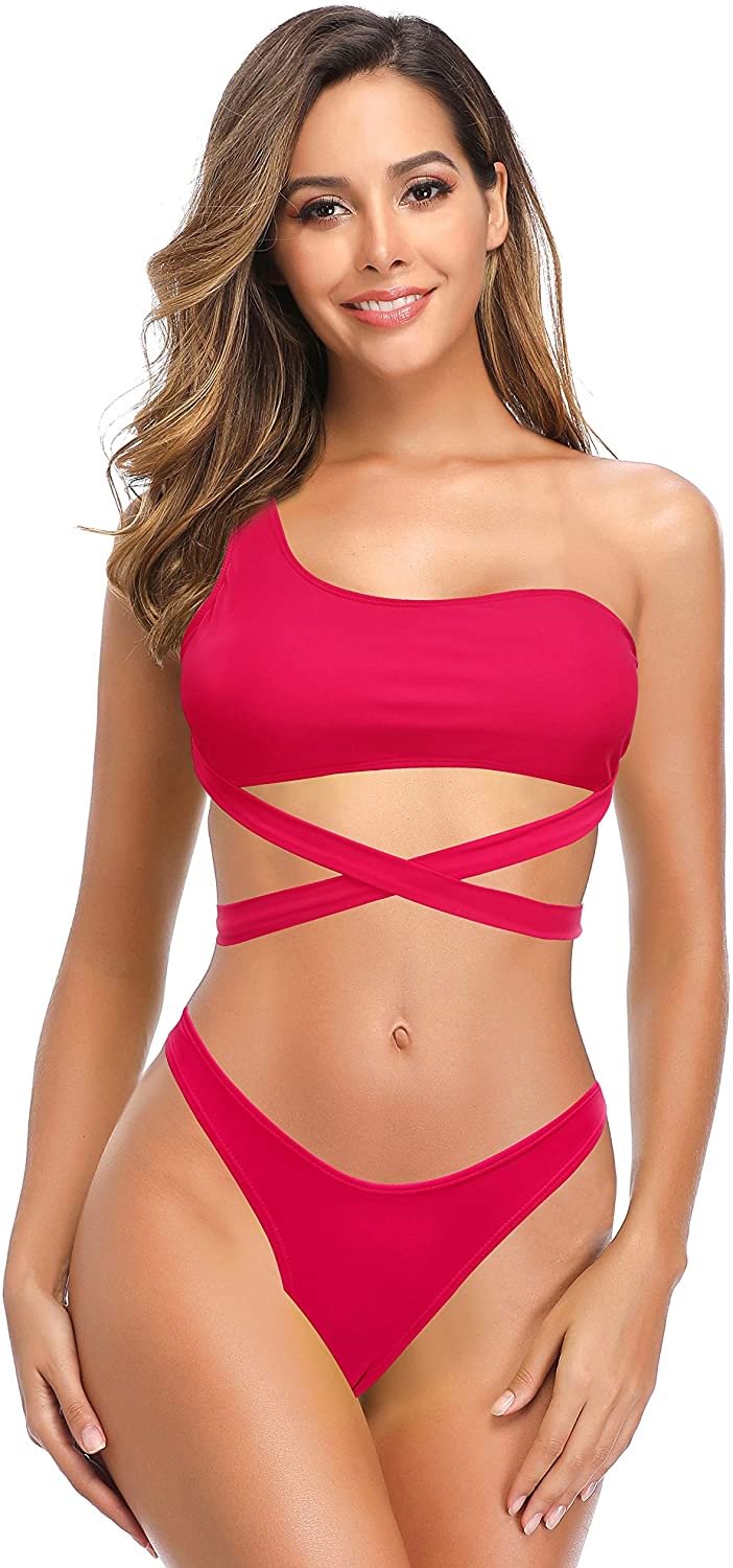 Women's One Shoulder Bikini Criss Cross Top Tie Two Piece Swimsuits