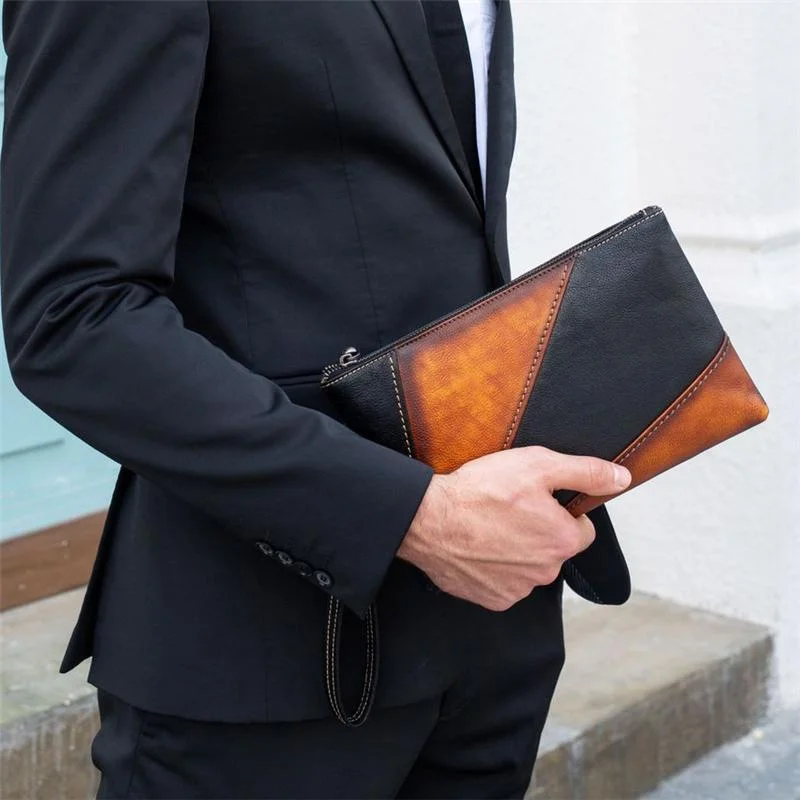 Mens Vintage Patchwork Leather Business Casual Clutch Bags