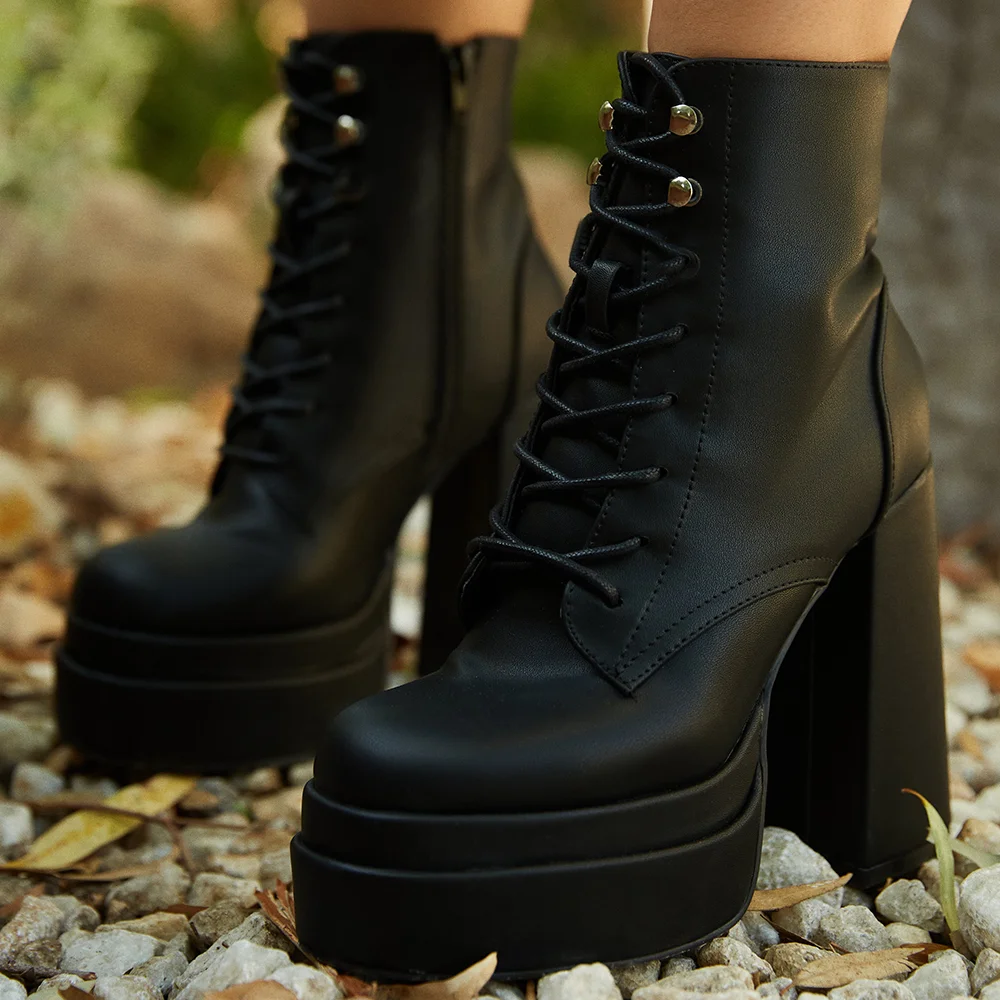 Black Platform Chunky Heel Lace Up Ankle Boots