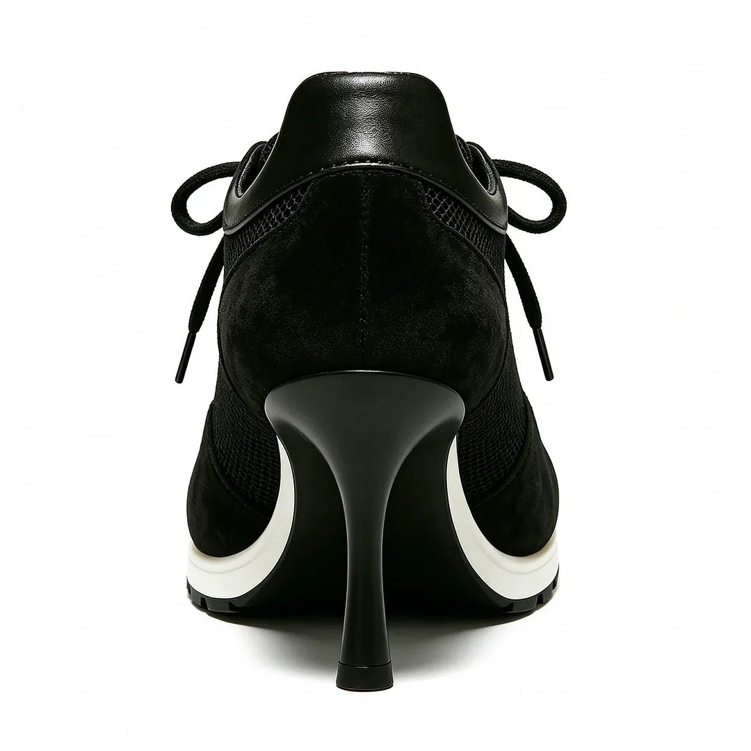 Mesh Patchwork Round Toe Lace Up Sneaker Stiletto Heel All Black Shoes