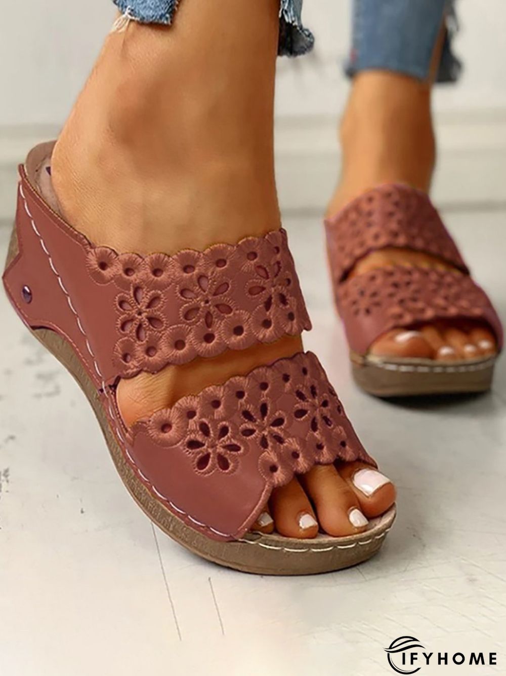 Embroidered Cutout Platform Wedge Slipper Sandals | IFYHOME