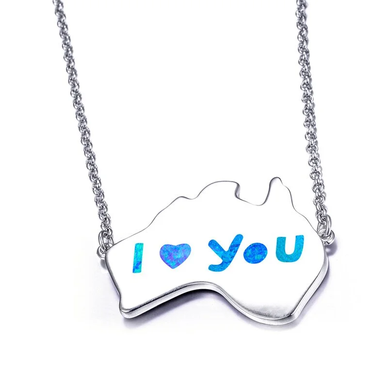 Unique Style Female Big Australia Map Pendants Necklaces White Blue Fire Opal Necklace Silver Color Wedding Necklaces For Women