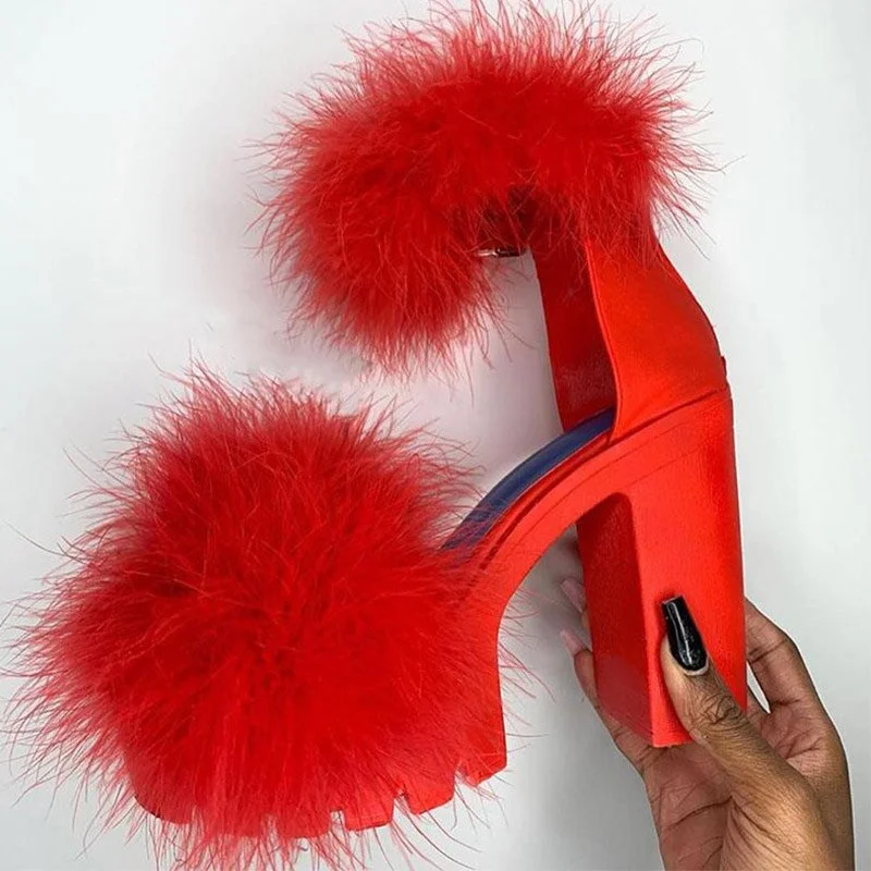 Back to college Women Sandals Fluffy High Heels Summer Fur Shoes 2022 Casual Ankle Buckle Fashion Shoes Non-Slip Outside Sandals Big Size 43