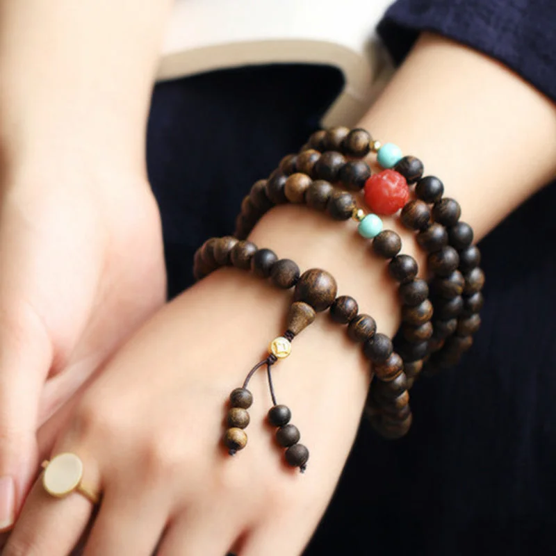 108 Mala Beads Agarwood Red Agate Turquoise Peace Meditation Necklace Bracelet