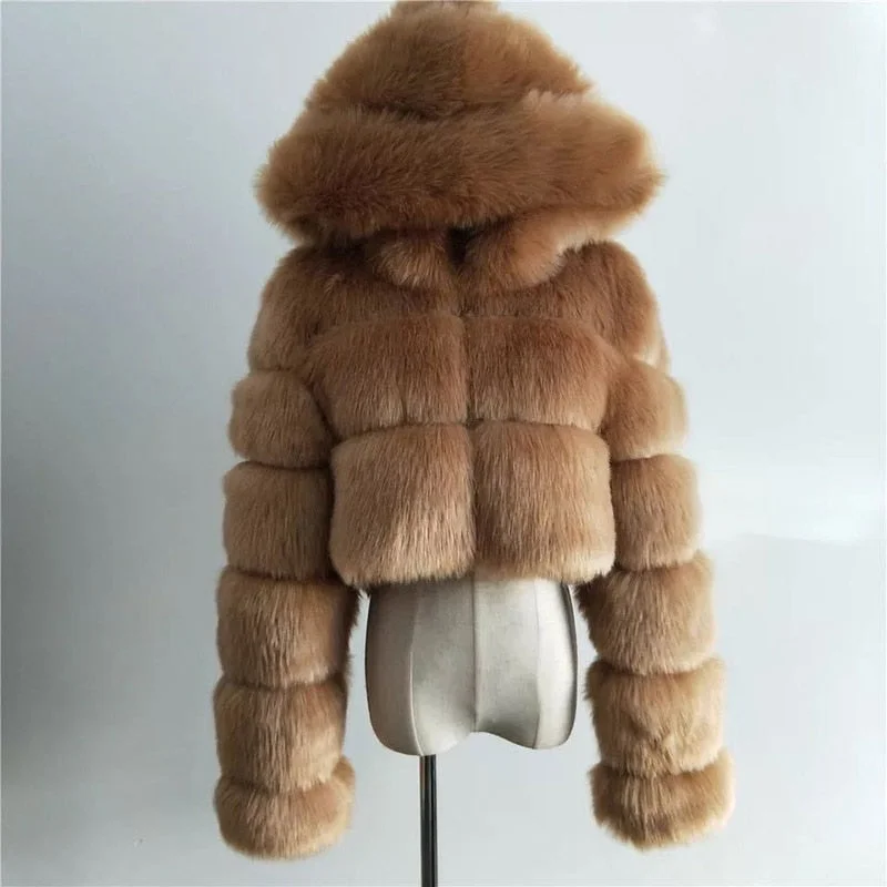 Faux Fur Coats Winter Warm Cropped Fluffy Jacket Coat Parkas Women Oversize Outerwear Ladies Female Soft with Hooded Coats