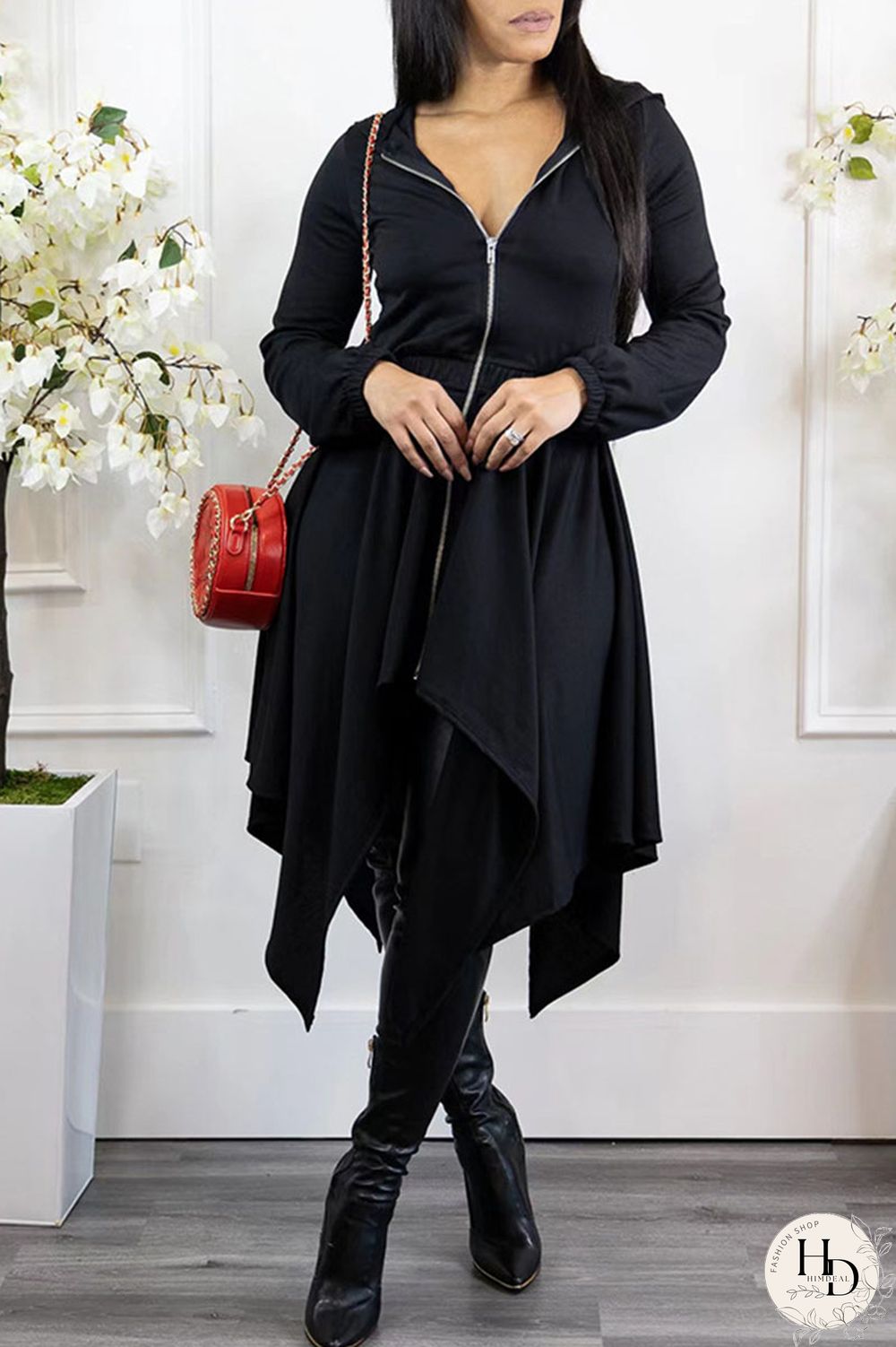 Black Casual Solid Split Joint Asymmetrical Zipper Hooded Collar Irregular Dress Dresses