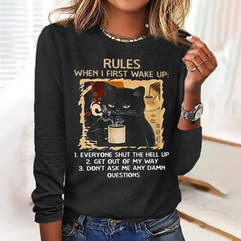 wearshes Women's Black Cat Rules Print Long Sleeve T-Shirt