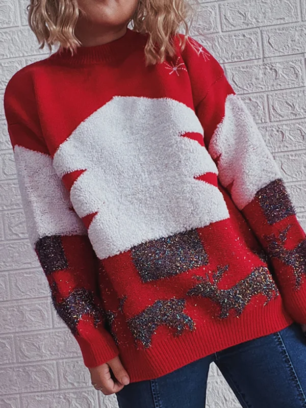 Women's New Year Christmas Sweater Christmas Tree Jacquard Snowflake Ribbon Knit Thickening Pullover Flusfy