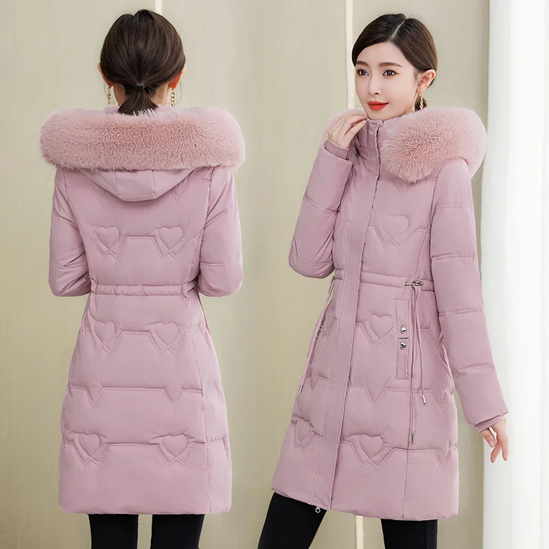 Woherb Cotton-Padded Clothes Female Medium Long Style 2024 Winter New Korean Version Slim Long Cotton-Padded Jacket Add Thick Warm Big Wool Collar Large Size Coat-Outfit Ideas