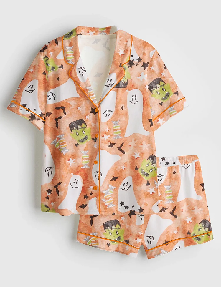 Men&rsquo;s Starry Ghost Spooky Halloween Cute Ghost Aesthetics Pastel Halloween Print Short Sleeve Satin Pajama Set