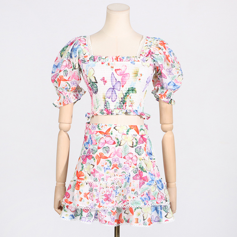 Boho Square Neck Bubble Sleeve Top & Skirt Set