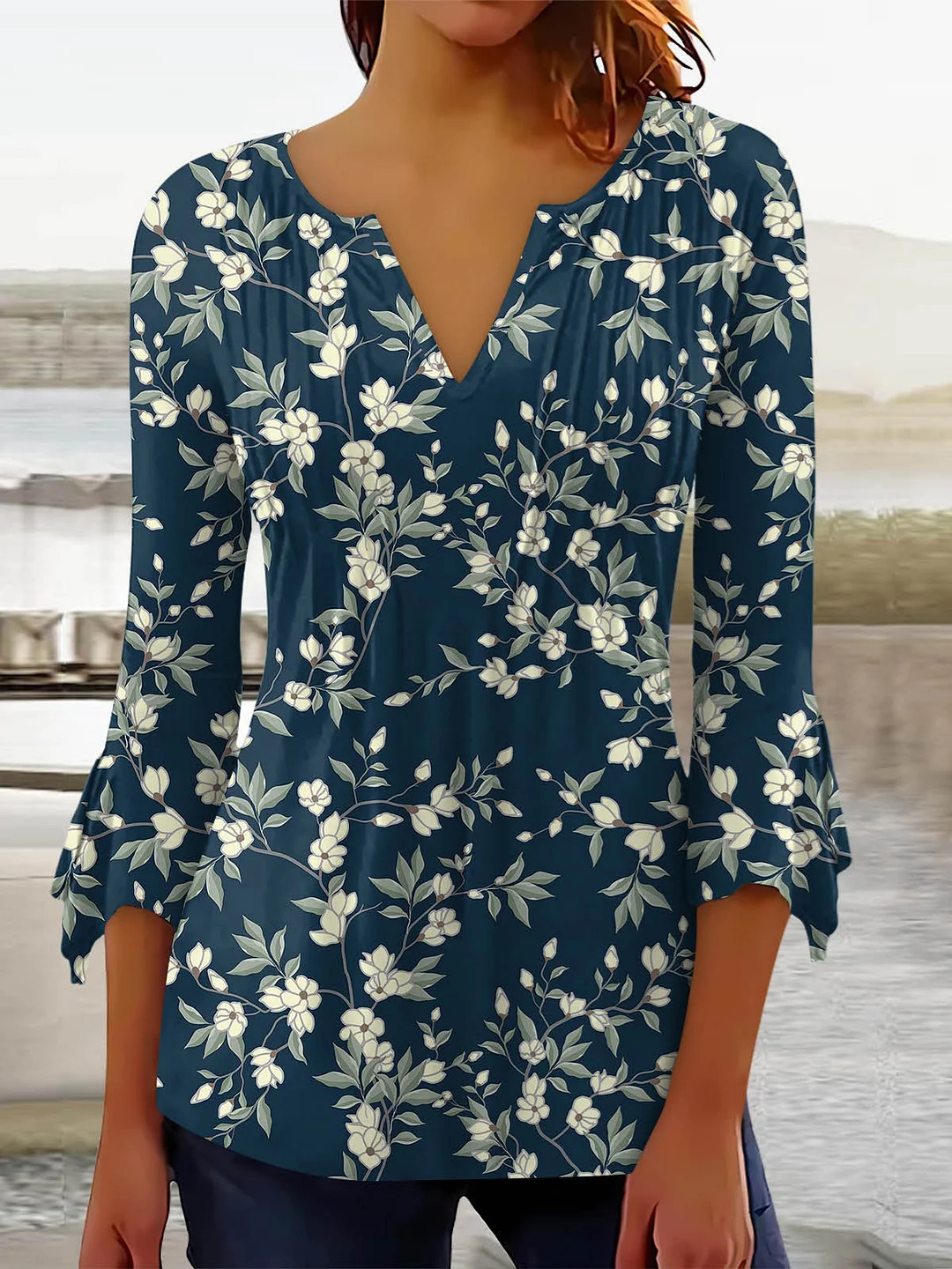 Women's Graphic Pattern Solid Color V-Neck 3/4 Sleeve Top