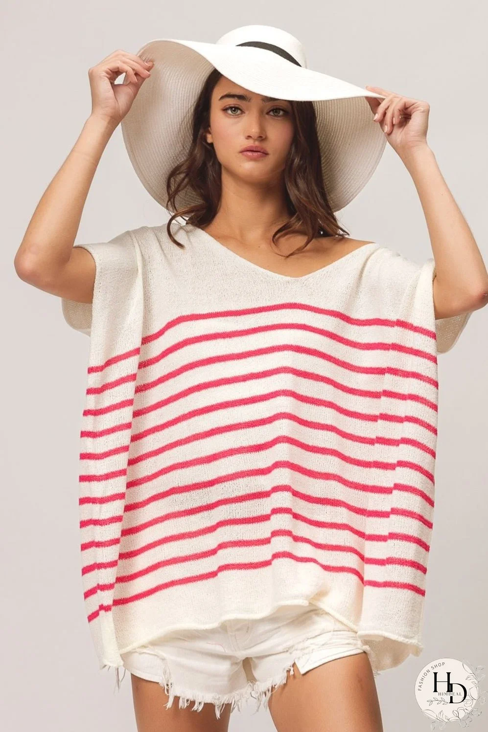 BiBi V Neck Striped Short Sleeve Top