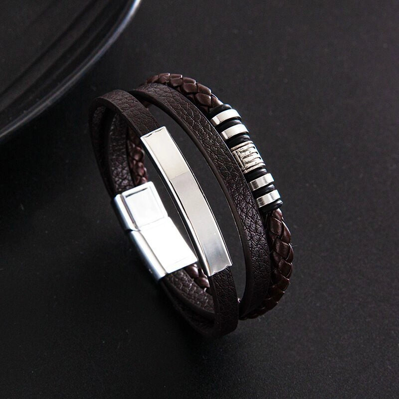 Hip-Hop Retro Geometric 304 Stainless Steel Pu Leather Rope Men’s Bracelets