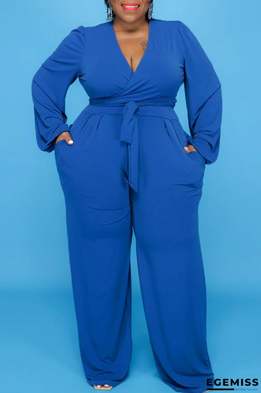Blue Casual Solid Bandage Patchwork V Neck Plus Size Two Pieces | EGEMISS