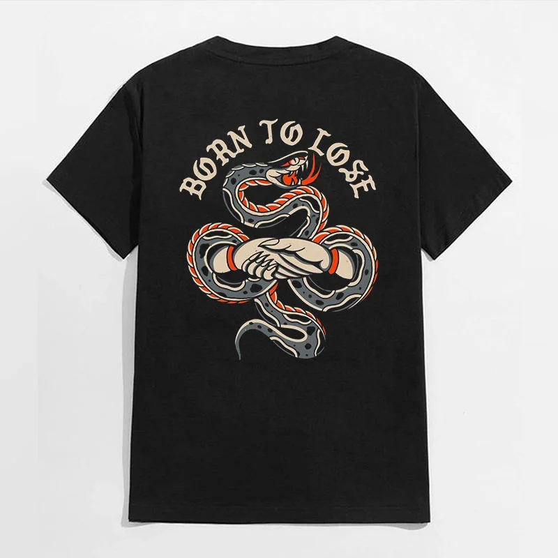 BORN TO LOSE Shaking Hands with Snake Black Print T-shirt