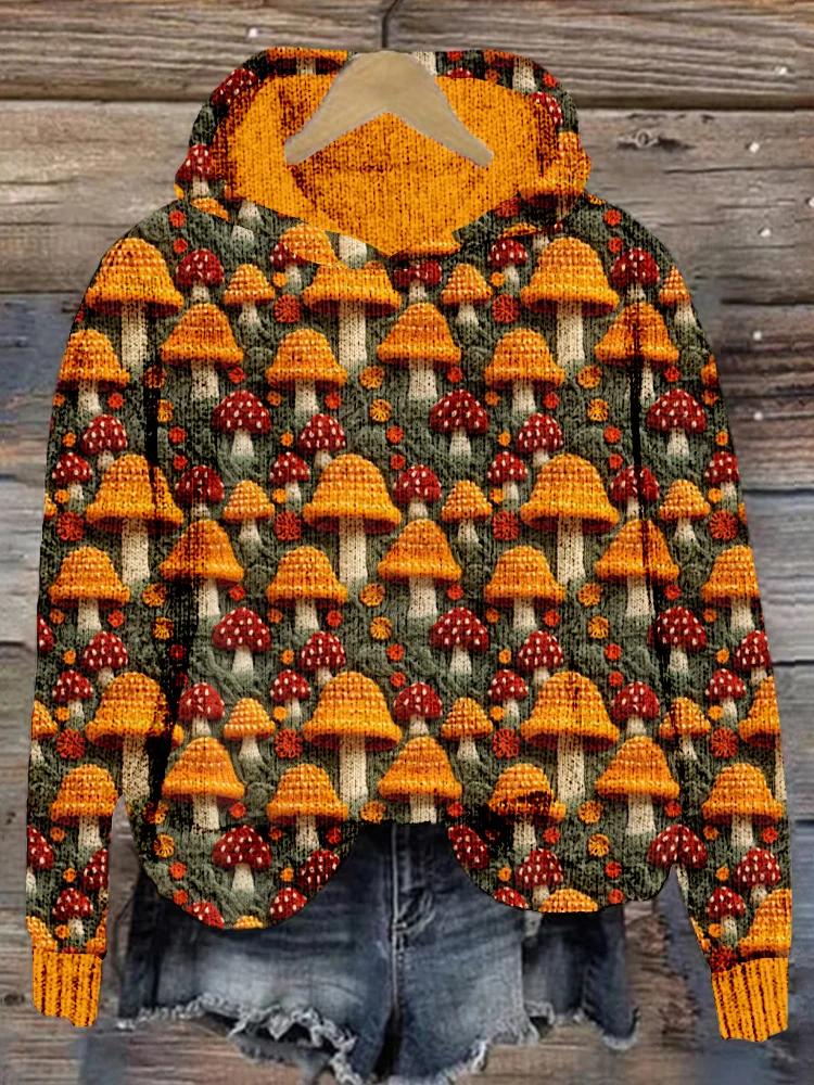 Floral Mushroom Embroidery Art Cozy Knit Hoodie