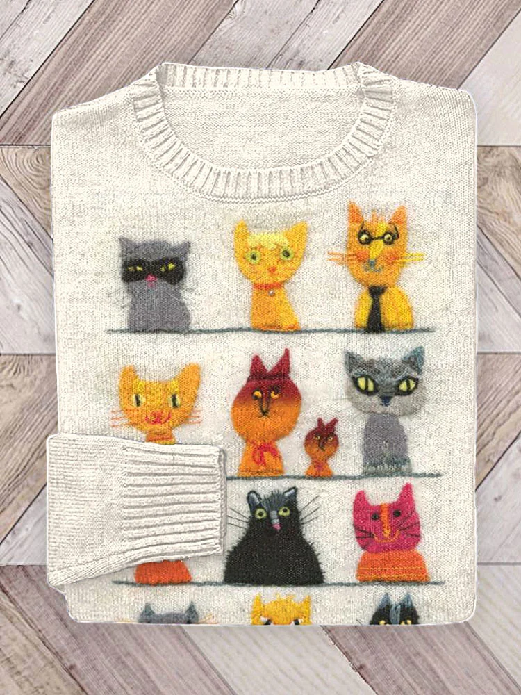 Comstylish Cute Cat Art Print Cozy Knit Sweater