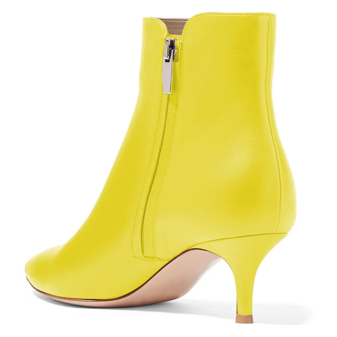 Pointed Toe Faux Leather Kitten Heel Ankle Boots in Bright Yellow