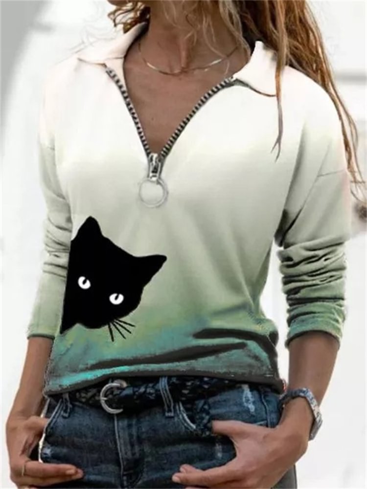 Cat Peeking Gradient Zip Up Pullover