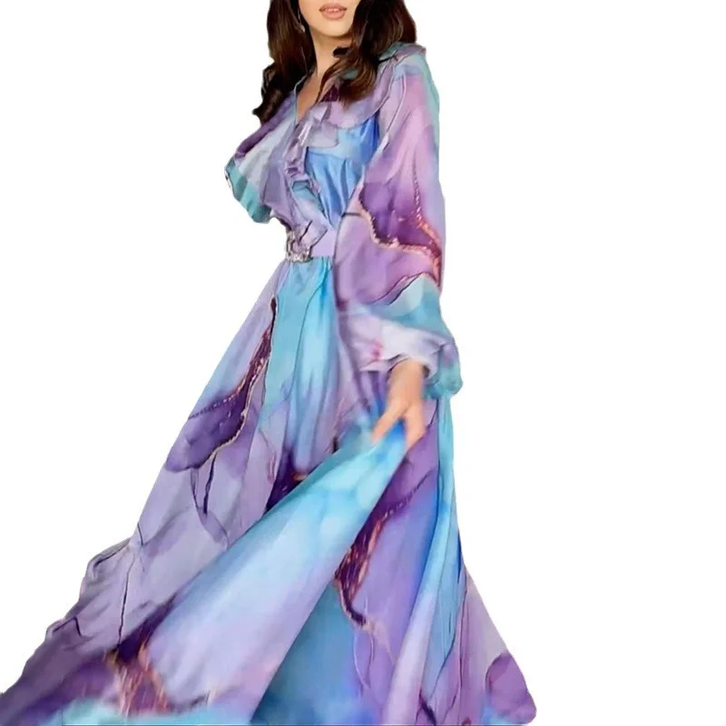 Uveng Uveng Spring And Summer New Printing Big Swing Collar Mesh Dress Commuted Large Size Women's Dress